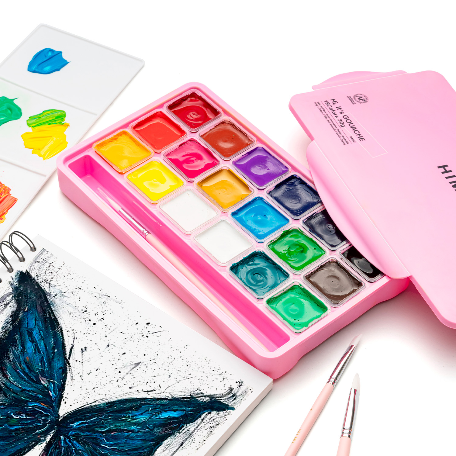 HIMI SET GOUACHE 18 COLORES BASICOS 12G + 3 PINCELES ROSADO - 3