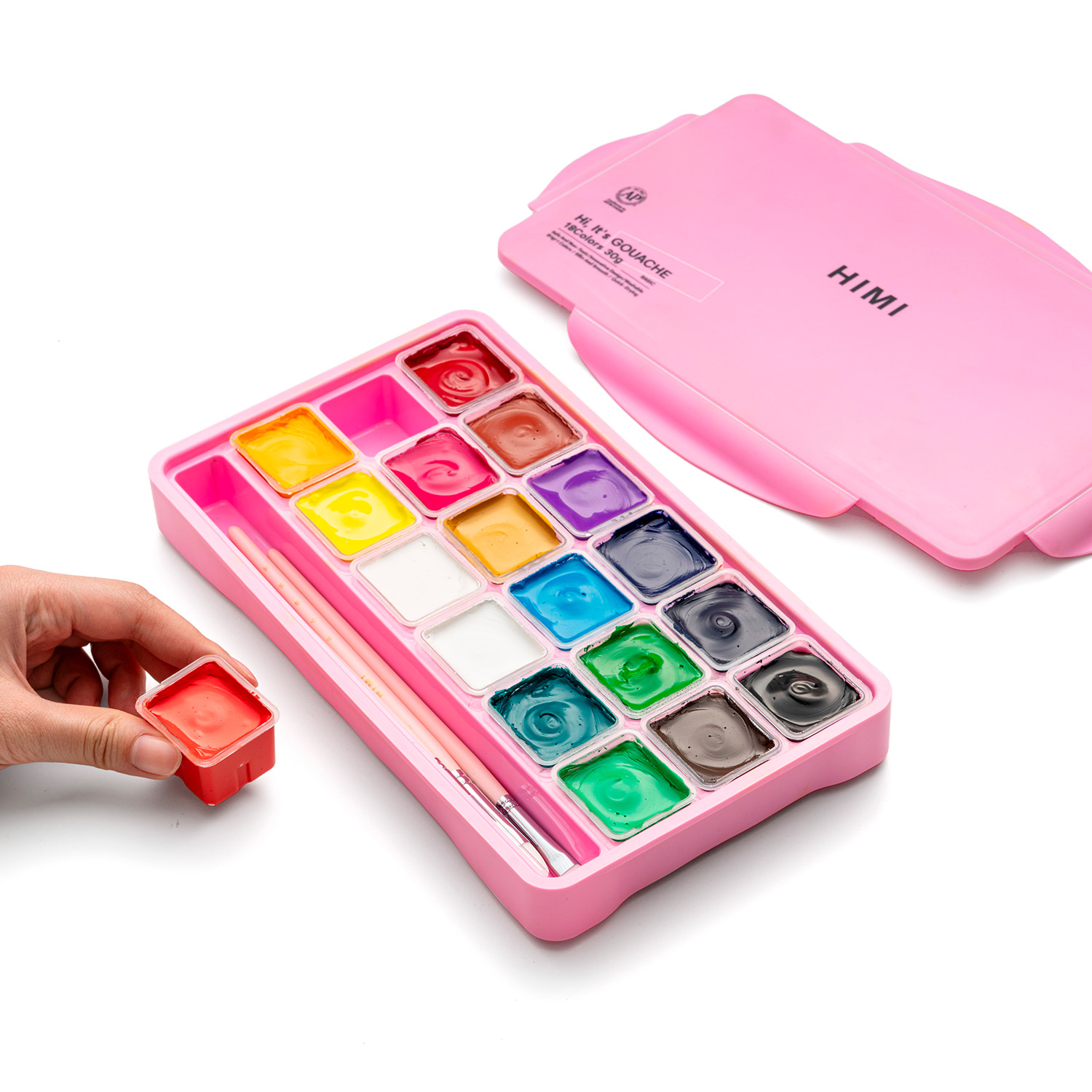 HIMI SET GOUACHE 18 COLORES BASICOS 12G + 3 PINCELES ROSADO - 5