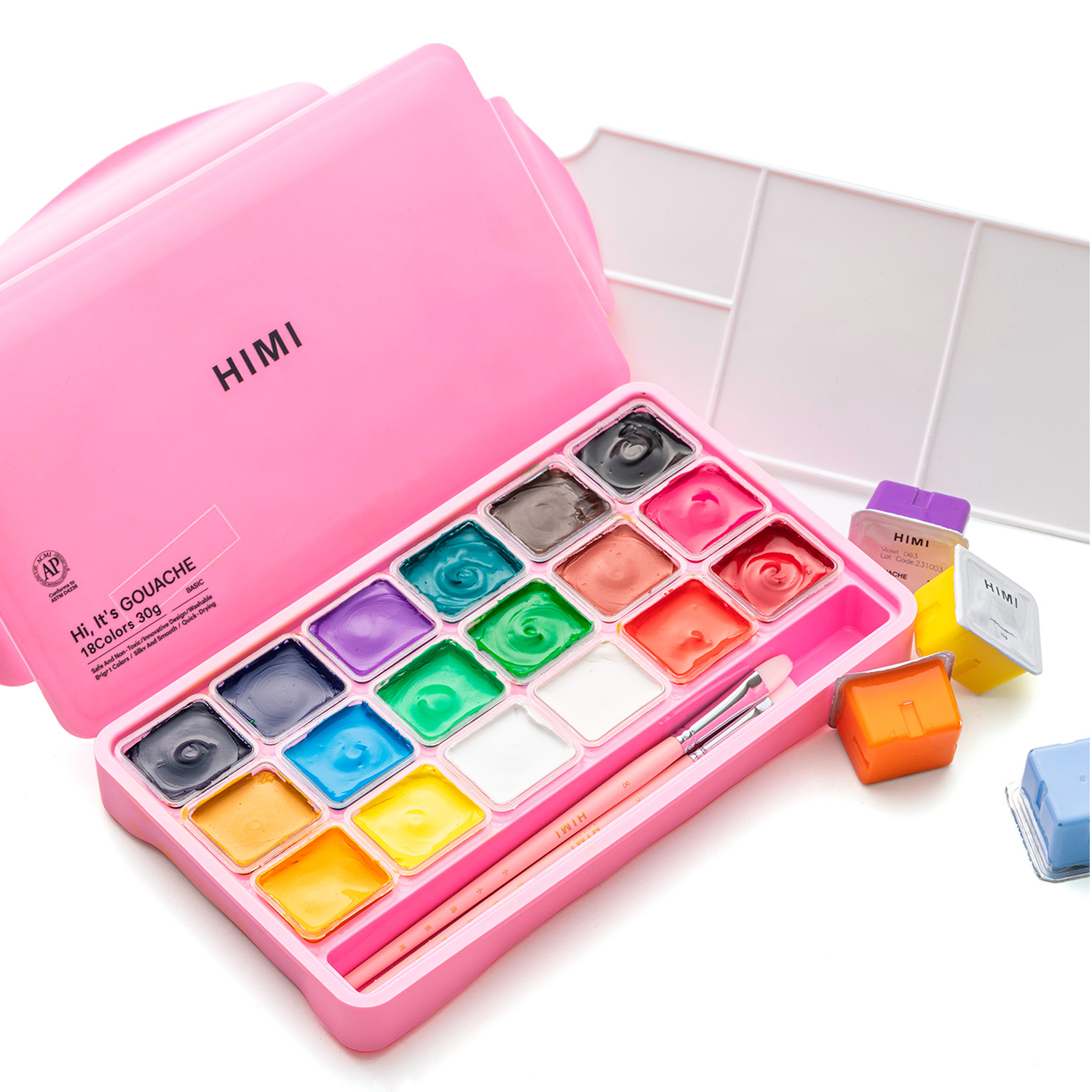 HIMI SET GOUACHE 18 COLORES BASICOS 12G + 3 PINCELES ROSADO - 7