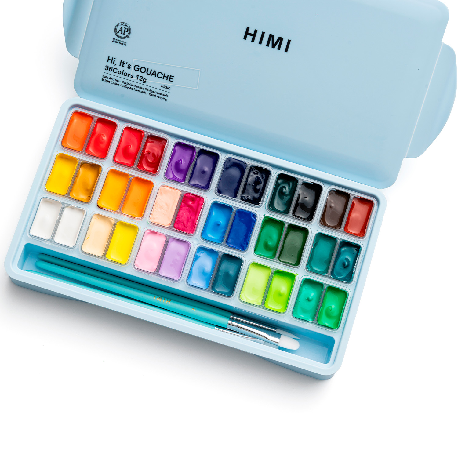 HIMI SET GOUACHE 36 COLORES TWIN CUP 12G + 3 PINCELES AZUL - 2