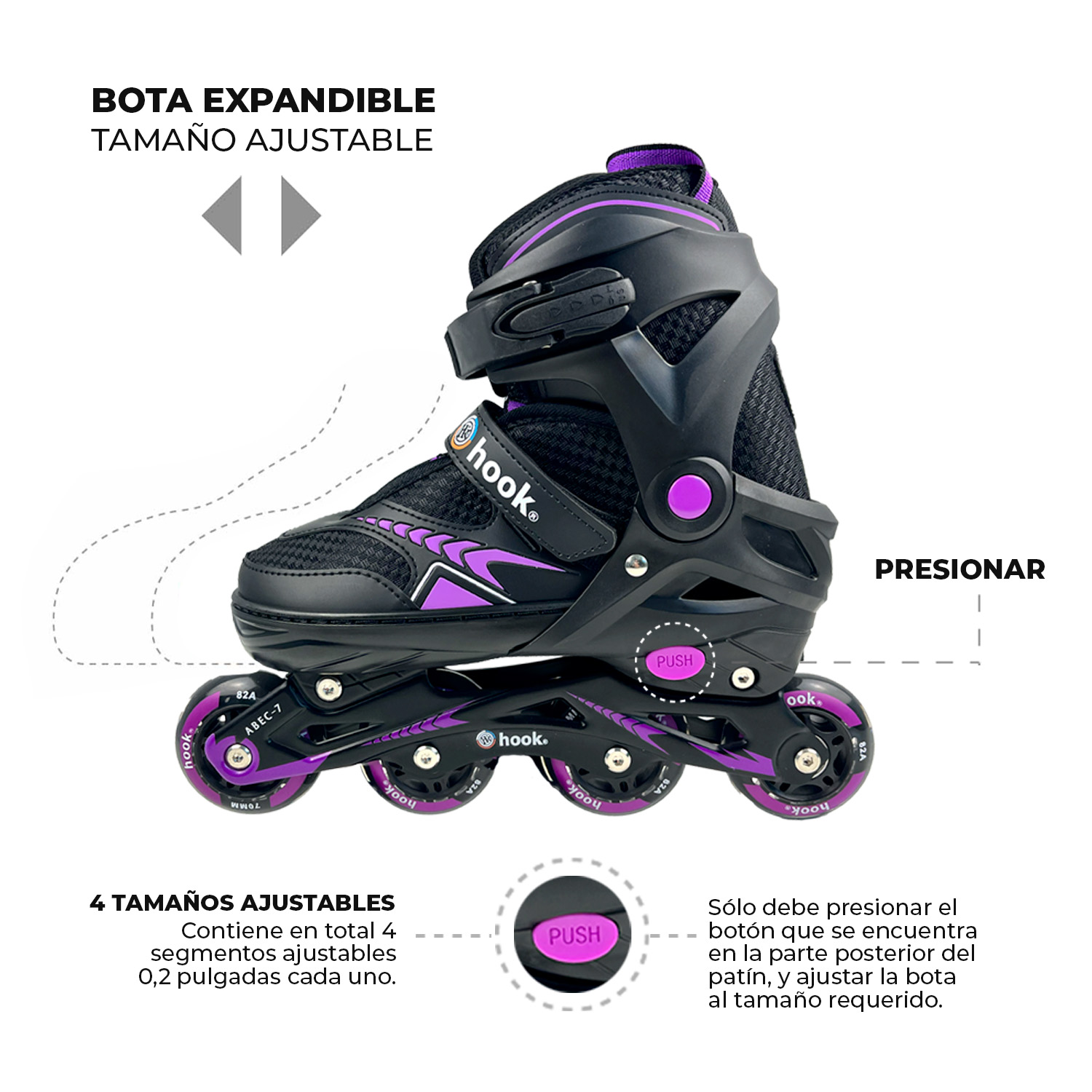 PATINES EN LINEA EXTENSIBLES HOOK FITNESS MORADO M (34-37) - 7