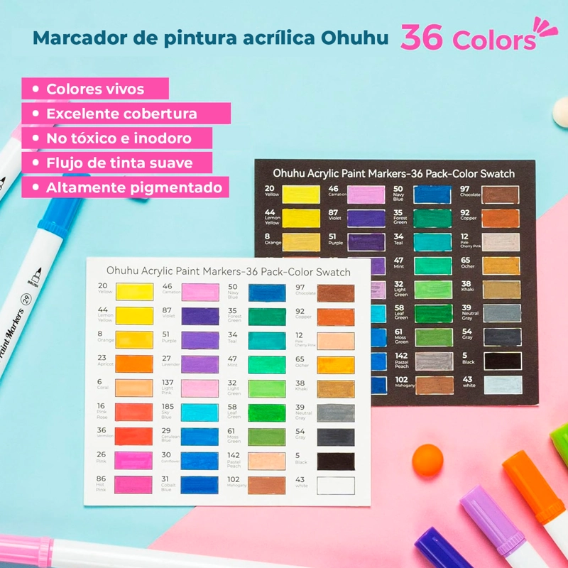 OHUHU 36 MARCADORES ACRILICOS DOBLE PUNTA PINCEL & PUNTOS - 2