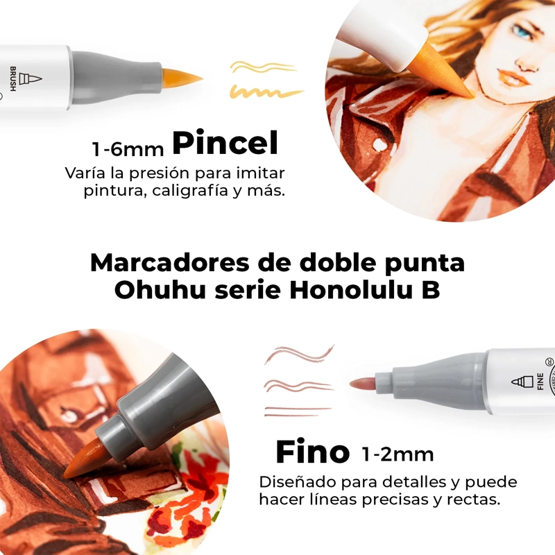OHUHU 36 MARCADORES BASE ALCOHOL TONOS PIEL PINCEL & FINA - 2