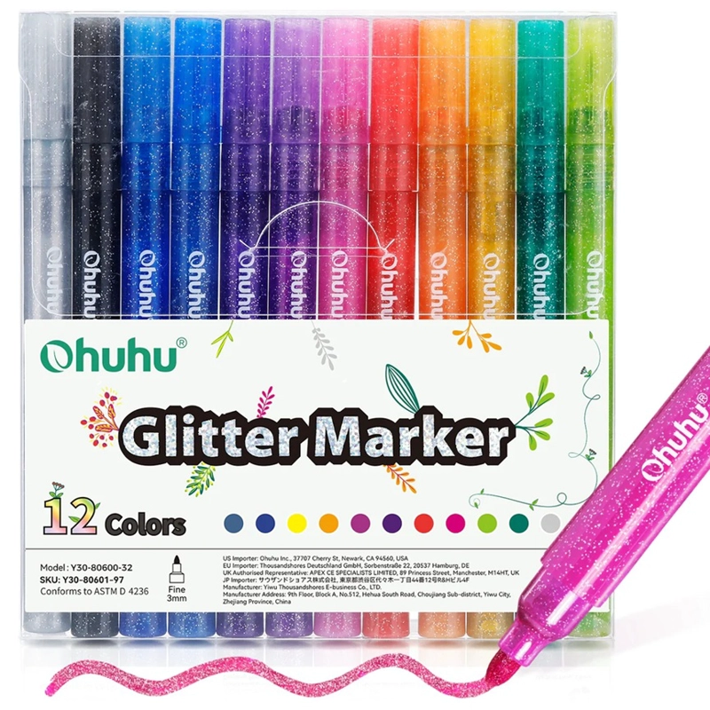 OHUHU 12 MARCADORES GLITTER METALICOS PURPURINA PUNTA 3MM - 1