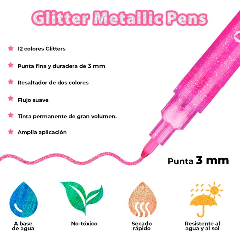 OHUHU 12 MARCADORES GLITTER METALICOS PURPURINA PUNTA 3MM - 3