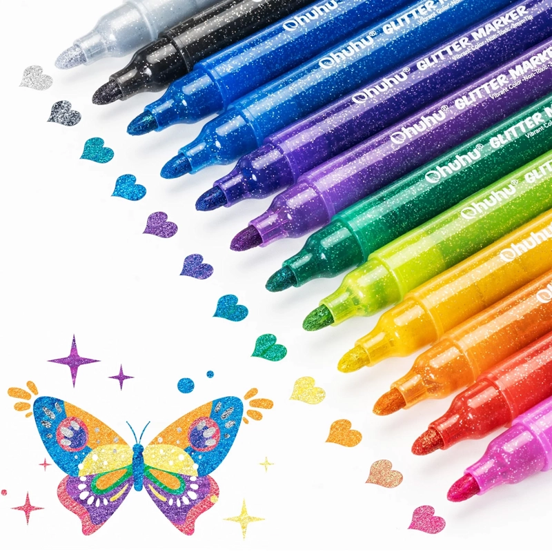 OHUHU 12 MARCADORES GLITTER METALICOS PURPURINA PUNTA 3MM - 5