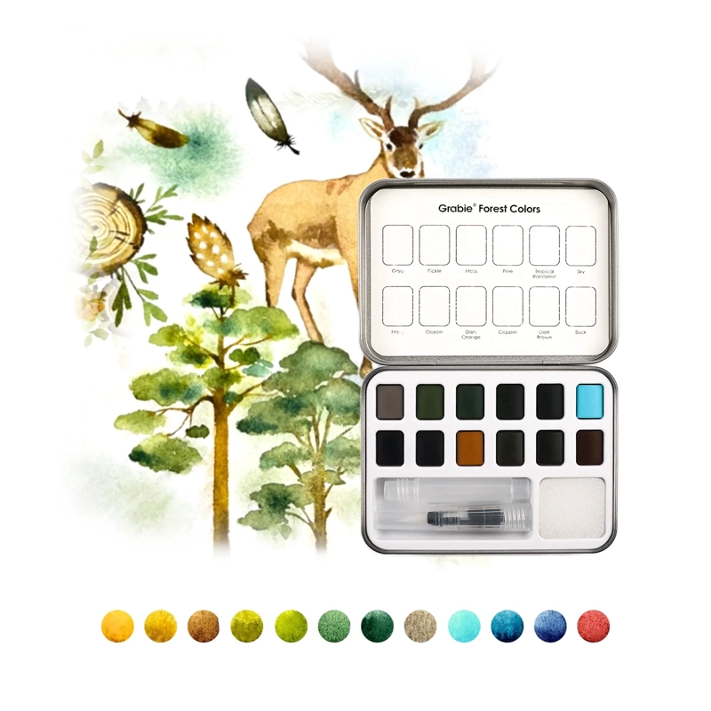 GRABIE SET ACUARELA DE BOLSILLO +PINCEL 12 COLORES DE BOSQUE - 2