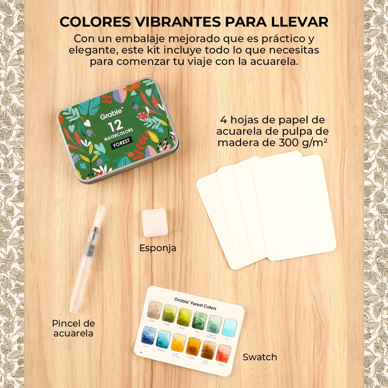 GRABIE SET ACUARELA DE BOLSILLO +PINCEL 12 COLORES DE BOSQUE - 5