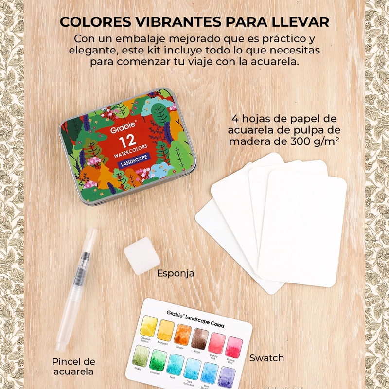 GRABIE SET ACUARELA BOLSILLO + PINCEL 12 COLORES DE PAISAJES - 5