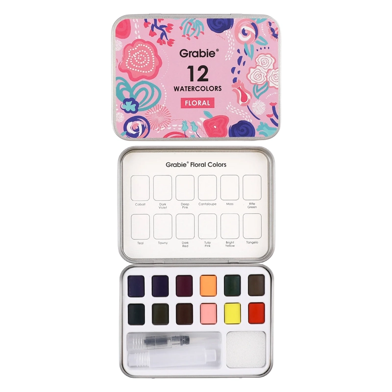 GRABIE SET ACUARELA DE BOLSILLO + PINCEL 12 COLORES FLORALES - 1