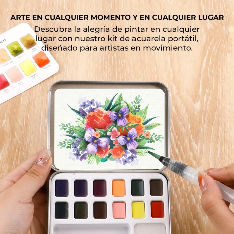 GRABIE SET ACUARELA DE BOLSILLO + PINCEL 12 COLORES FLORALES - 4
