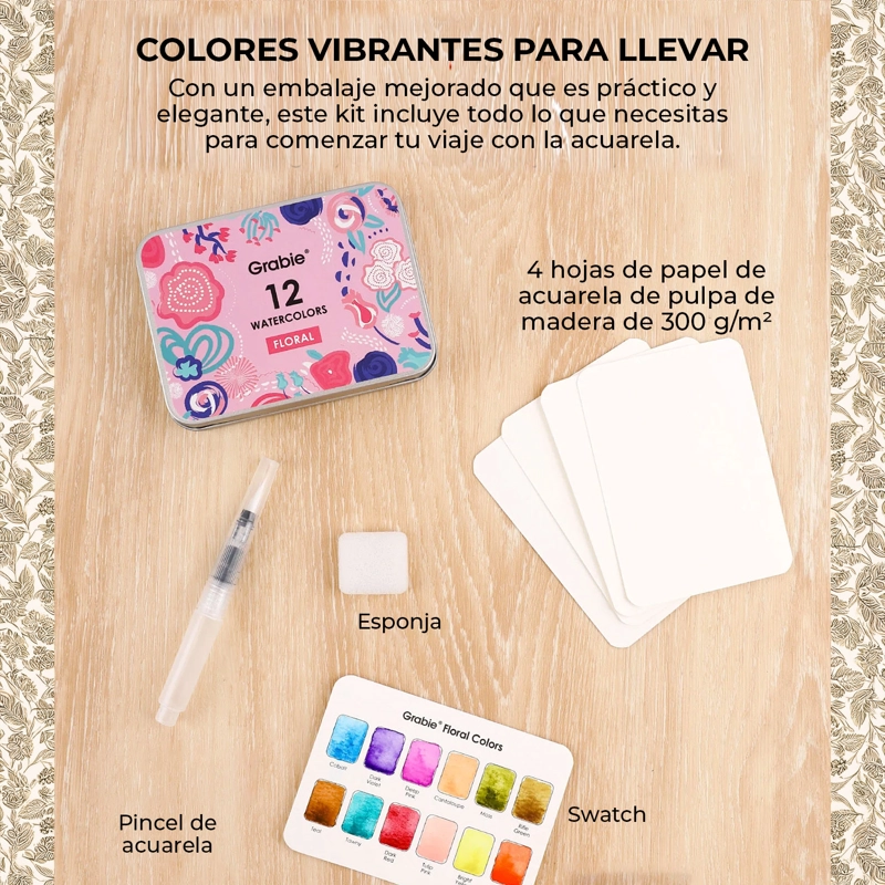 GRABIE SET ACUARELA DE BOLSILLO + PINCEL 12 COLORES FLORALES - 5