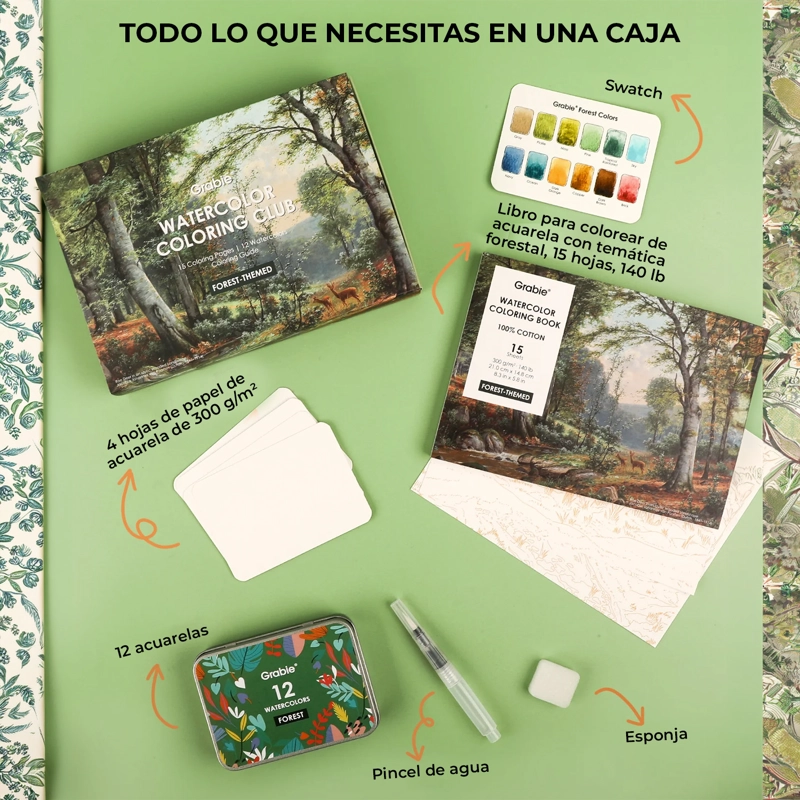 GRABIE CLUB BOX: KIT DE ACUARELA + LIBRO DE TEMATICA BOSQUE - 5