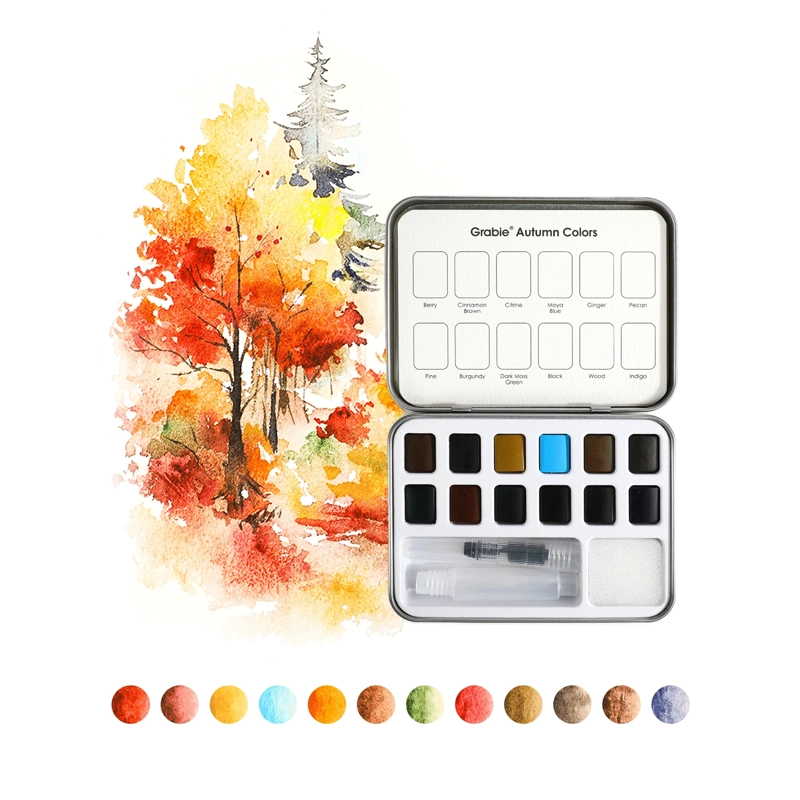GRABIE SET ACUARELA DE BOLSILLO + PINCEL 12 COLORES OTOÑALES - 2