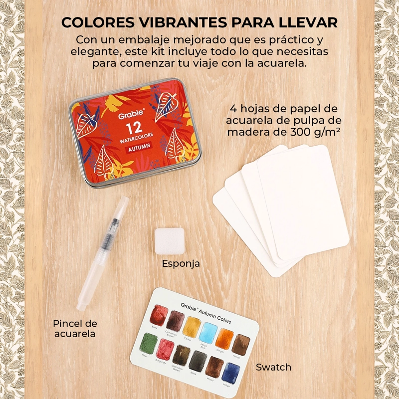 GRABIE SET ACUARELA DE BOLSILLO + PINCEL 12 COLORES OTOÑALES - 5