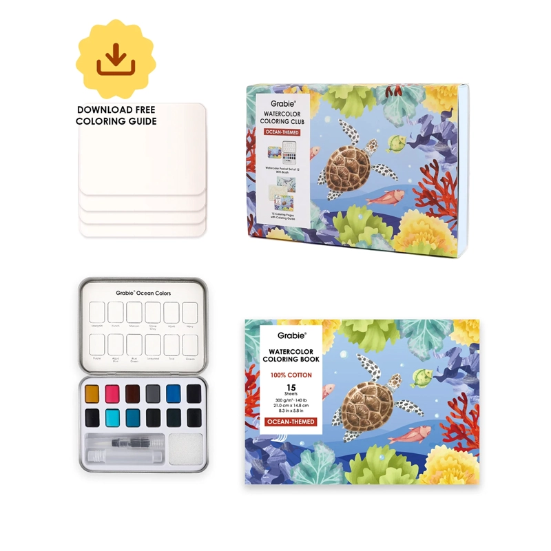 GRABIE CLUB BOX: KIT DE ACUARELA + LIBRO DE TEMATICA OCEANO