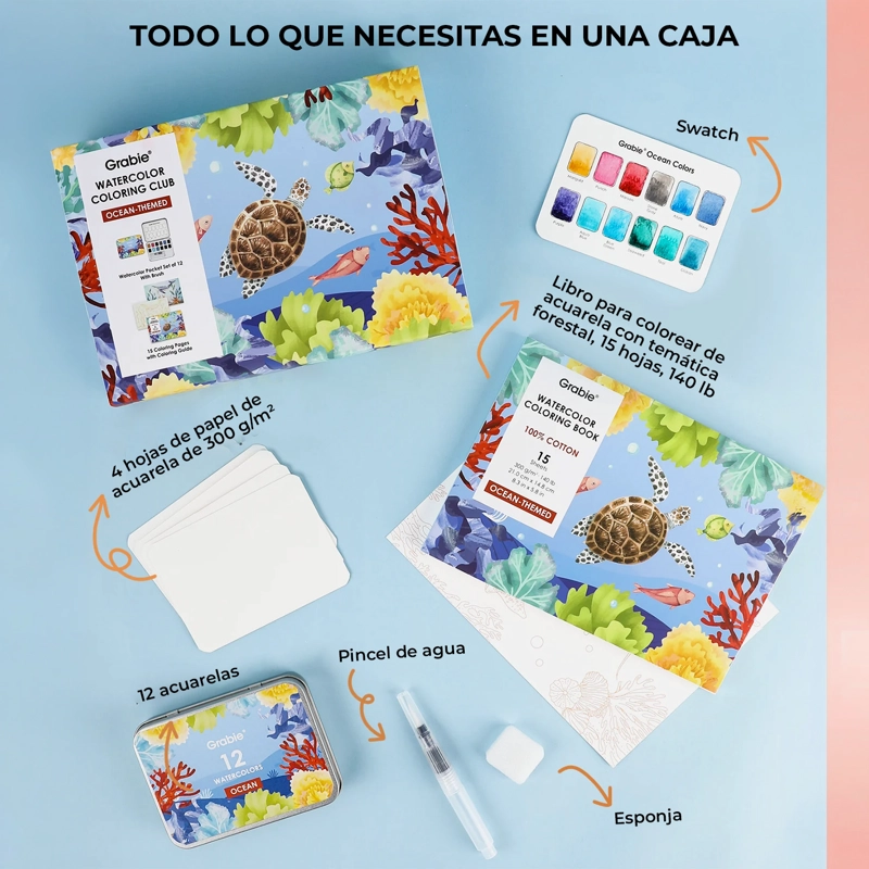 GRABIE CLUB BOX: KIT DE ACUARELA + LIBRO DE TEMATICA OCEAÑO - 6