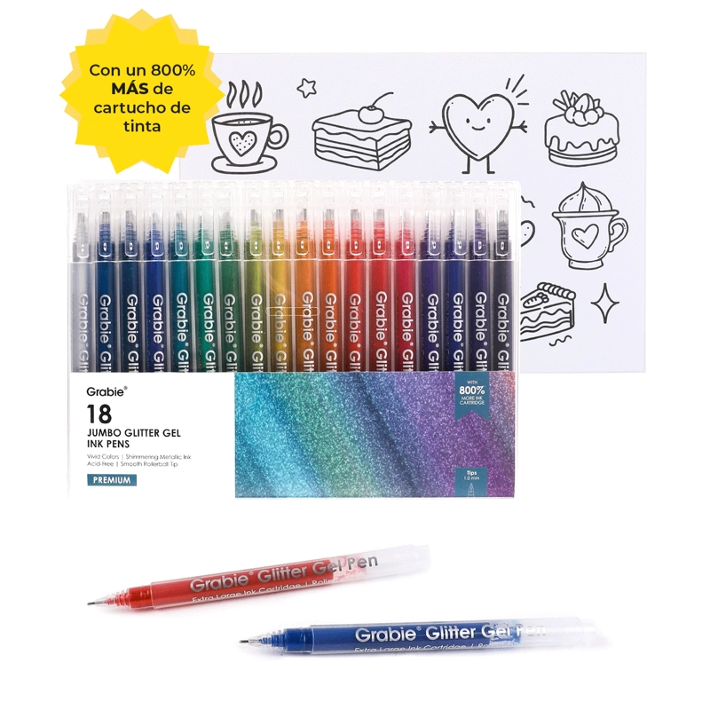 GRABIE BOLIGRAFOS JUMBO TINTA DE GEL CON GLITTER 18 COLORES - 5