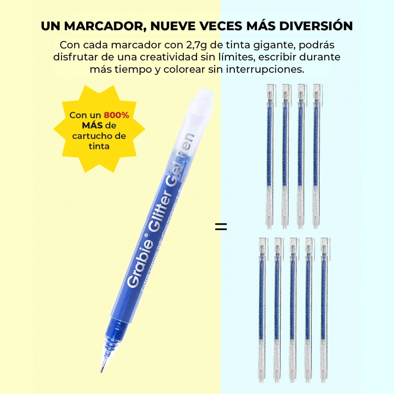 GRABIE BOLIGRAFOS JUMBO TINTA DE GEL CON GLITTER 18 COLORES - 6