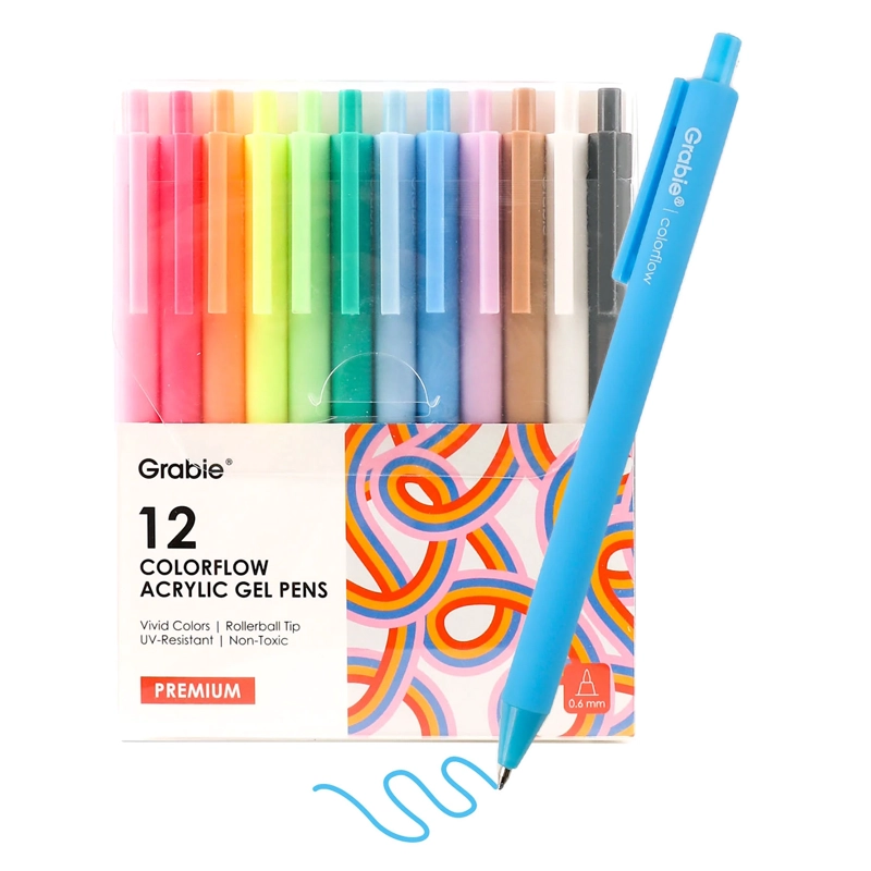 GRABIE 12 BOLIGRAFOS RETRACTILES DE GEL ACRILICO COLORFLOW - 1