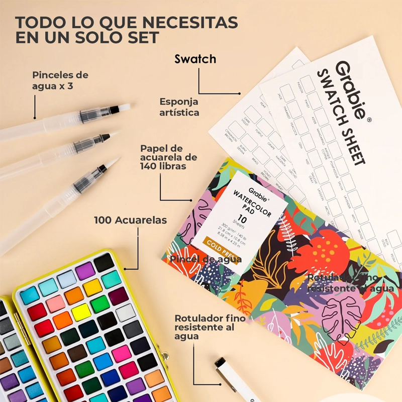 GRABIE SET DE ACUARELAS PREMIUM TODO EN UNO 100 COLORES - 5