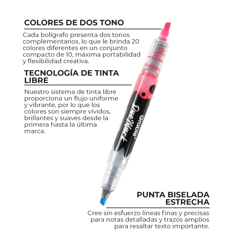 GRABIE SET DE 10 DESTACADORES DUOMARK 2 EN 1, 20 COLORES - 4