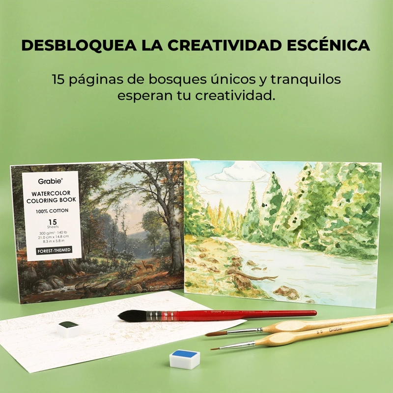LIBRO ACUARELA COLOREAR 100% ALGODON 15 HOJAS A5 300G BOSQUE - 6