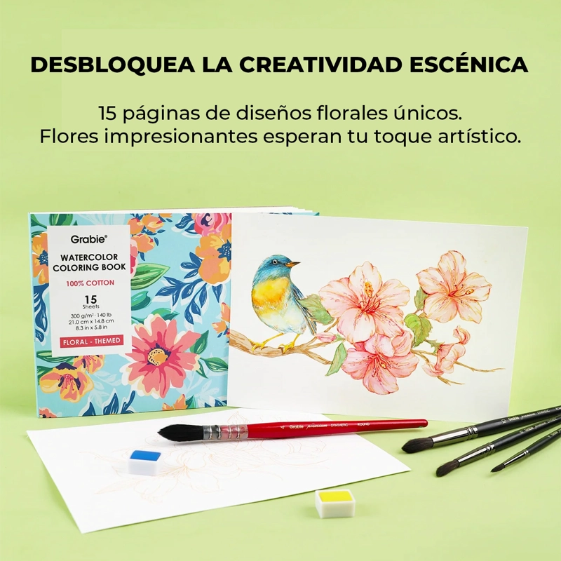 LIBRO ACUARELA COLOREAR 100% ALGODON 15 HOJAS A5 300G FLORAL - 6