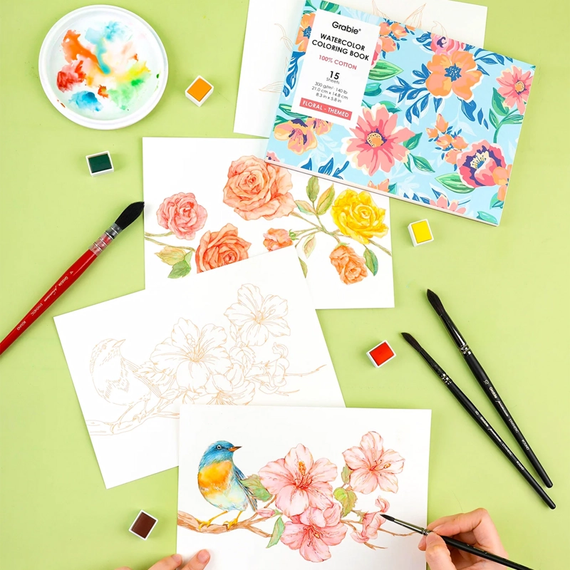 LIBRO ACUARELA COLOREAR 100% ALGODON 15 HOJAS A5 300G FLORAL - 7