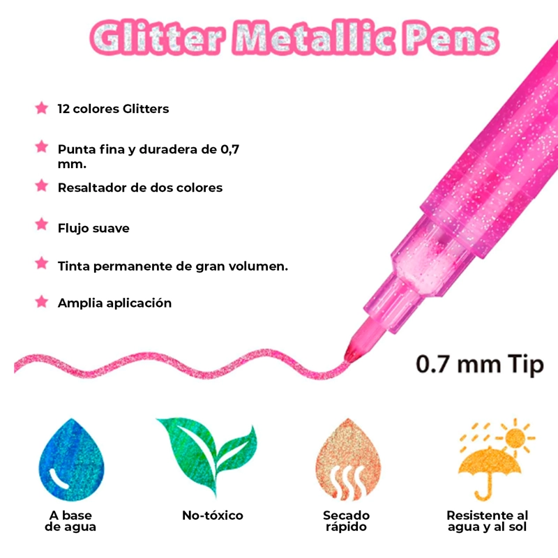 OHUHU 12 MARCADORES GLITTER METALICOS PURPURINA PUNTA 0,7MM - 5