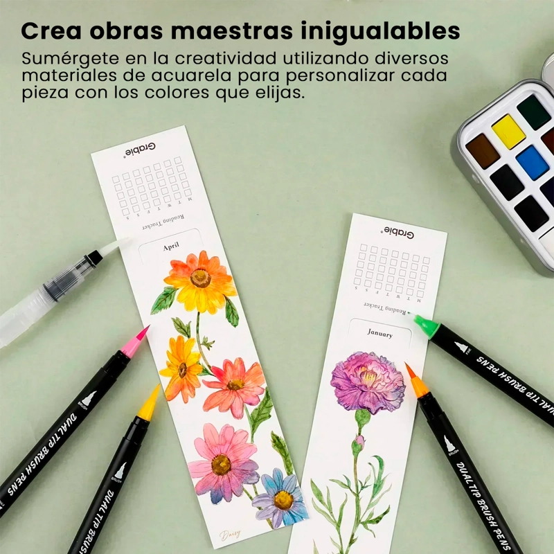GRABIE 12 MARCAPAGINAS PARA COLOREAR CON ACUARELA FLORAL - 6