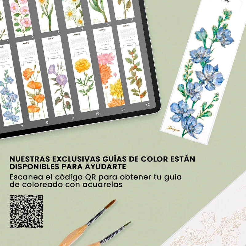 GRABIE 12 MARCAPAGINAS PARA COLOREAR CON ACUARELA FLORAL - 7