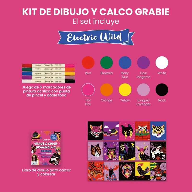 GRABIE KIT CREATIVO PARA CALCAR Y COLOREAR 'ELECTRIC WILD' - 2