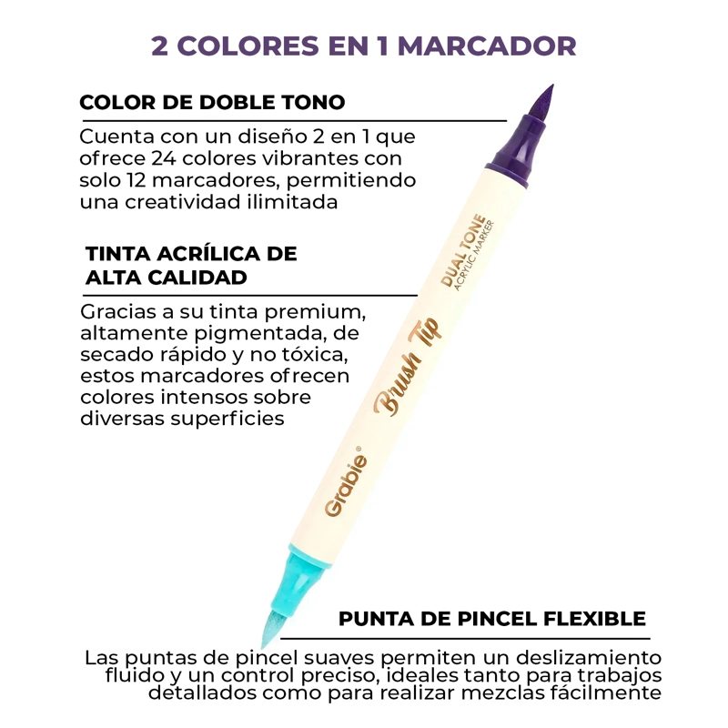 GRABIE 12 MARCADORES ACRILICOS DOBLE TONO PUNTA PINCEL - 3