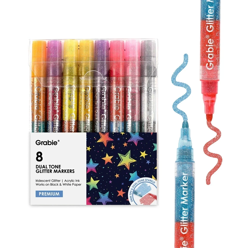 GRABIE 8 MARCADORES GLITTER IRIDISCENTE DOBLE TONO PUNTA 3MM