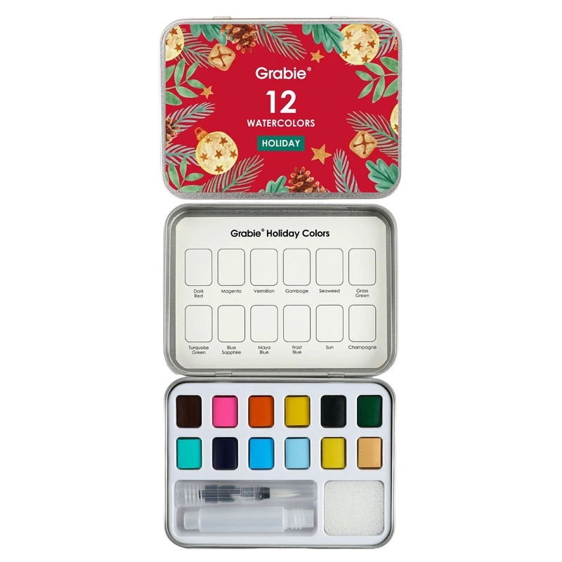GRABIE SET ACUARELA BOLSILLO + PINCEL 12 COLORES DE NAVIDAD - 1
