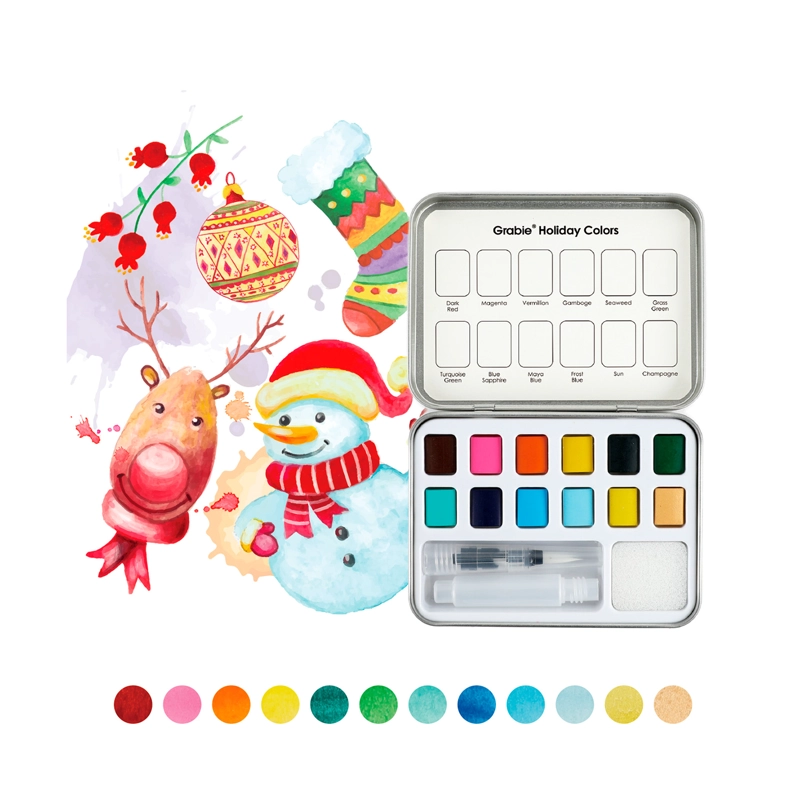 GRABIE SET ACUARELA BOLSILLO + PINCEL 12 COLORES DE NAVIDAD - 2