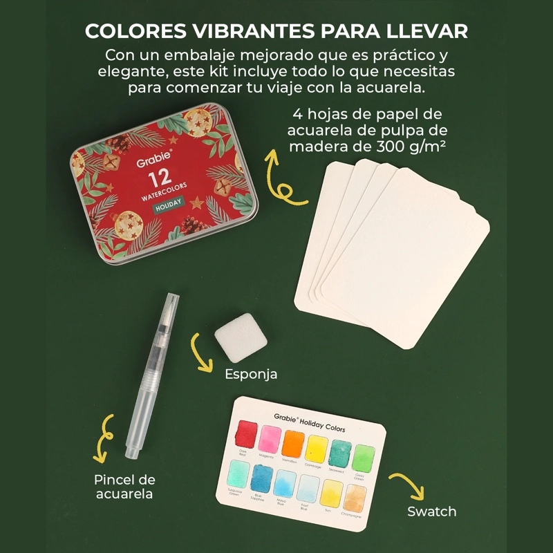 GRABIE SET ACUARELA BOLSILLO + PINCEL 12 COLORES DE NAVIDAD - 5