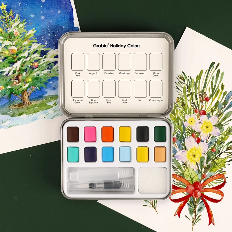GRABIE SET ACUARELA BOLSILLO + PINCEL 12 COLORES DE NAVIDAD - 8