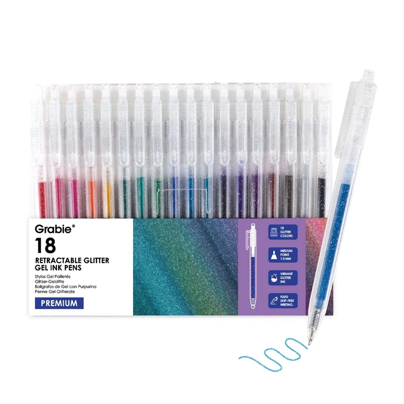 GRABIE BOLIGRAFOS RETRACTILES DE GEL CON GLITTER 18 COLORES - 1