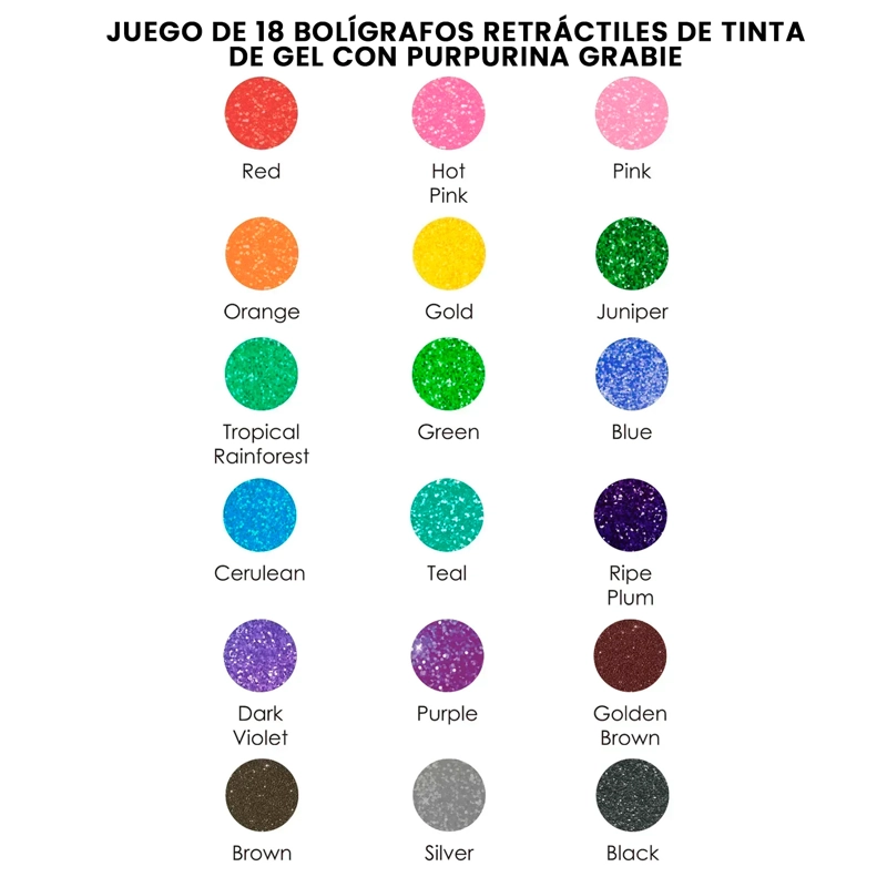 GRABIE BOLIGRAFOS RETRACTILES DE GEL CON GLITTER 18 COLORES - 2