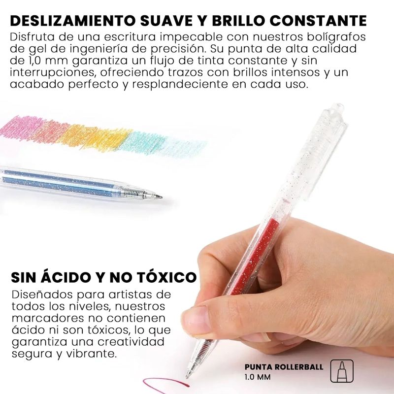 GRABIE BOLIGRAFOS RETRACTILES DE GEL CON GLITTER 18 COLORES - 3