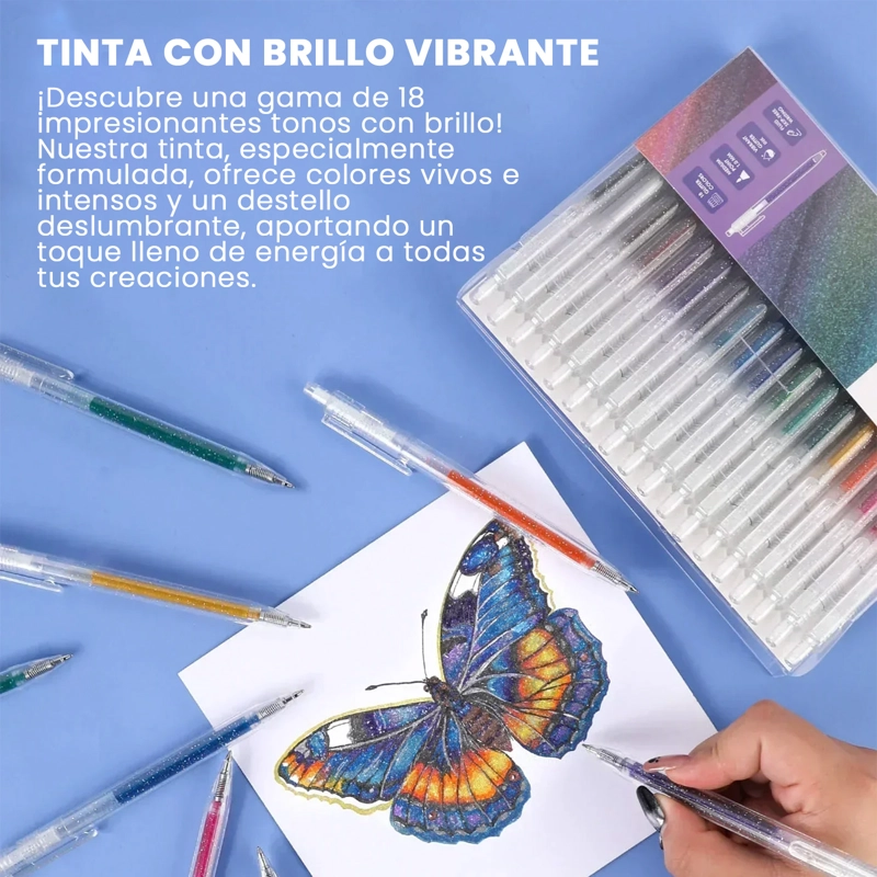 GRABIE BOLIGRAFOS RETRACTILES DE GEL CON GLITTER 18 COLORES - 6