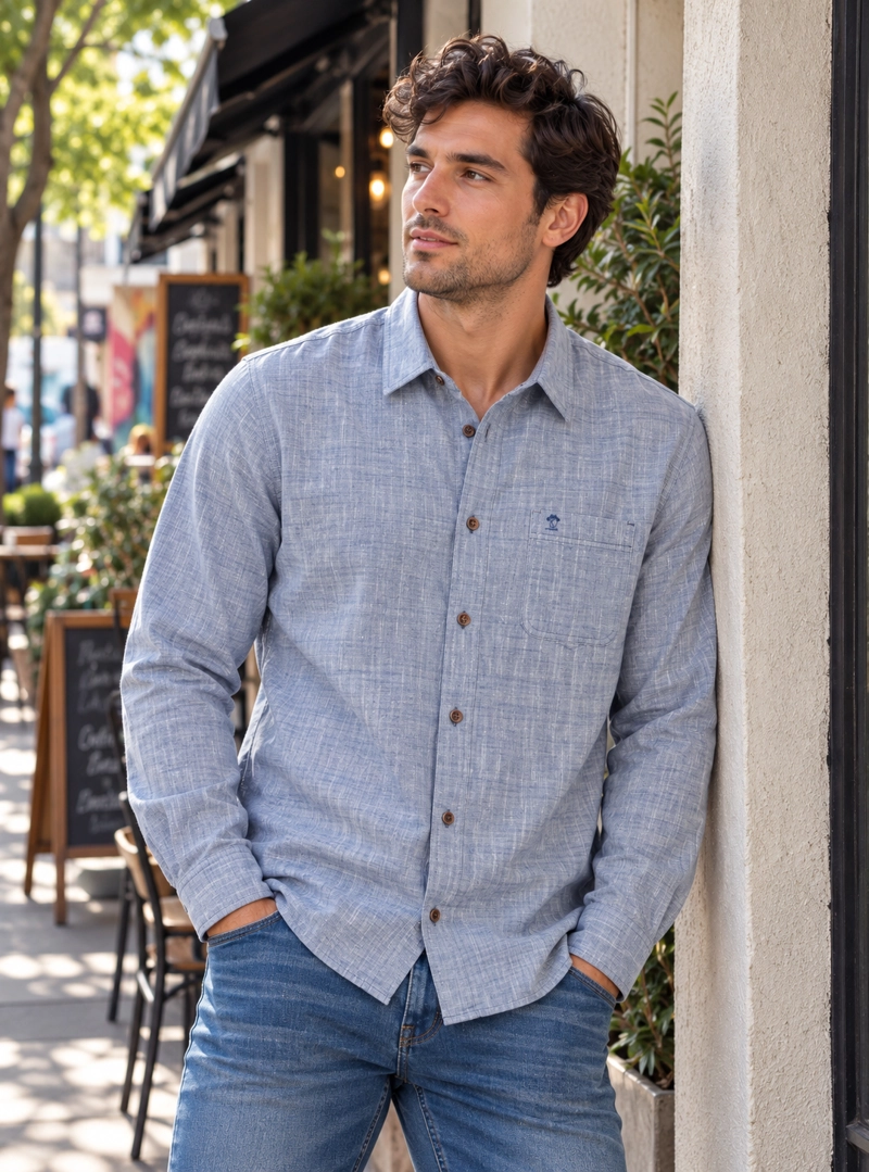 CAMISA HOMBRE TIPO LINO PANAMA JACK - K866 | AZUL - 1