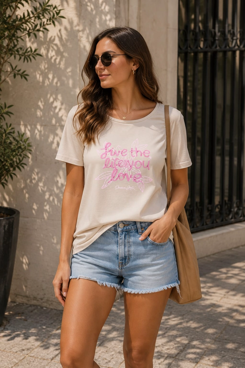 POLERA MUJER ESTAMPADO ALGODON PANAMA JACK - K842 | BEIGE - 1