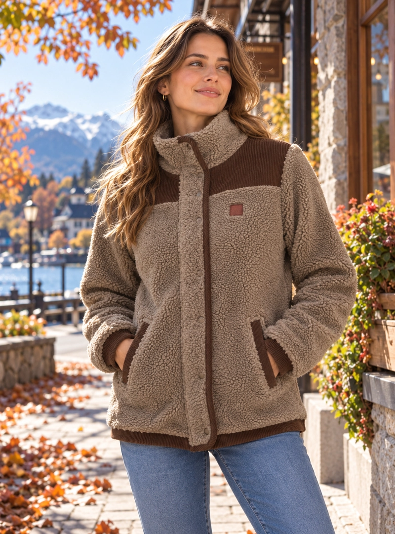 CHAQUETA MUJER SHERPA POLAR JASPEADO PANAMA JACK - L987 | MARRON CLARO - 1