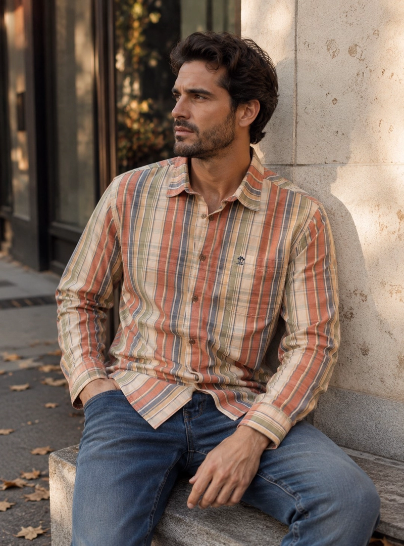 CAMISA HOMBRE ESCOCESA MANGA LARGA CASUAL PANAMA JACK - L963 | NARANJA - 8
