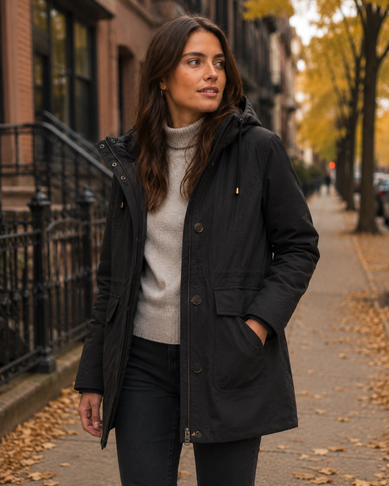 CHAQUETA MUJER TWILL POLAR CON GORRO PANAMA JACK - L983 | NEGRO - 1