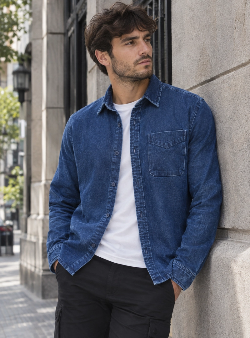 CAMISA HOMBRE DENIM MANGA LARGA CASUAL PANAMA JACK - L965 | AZUL - 1