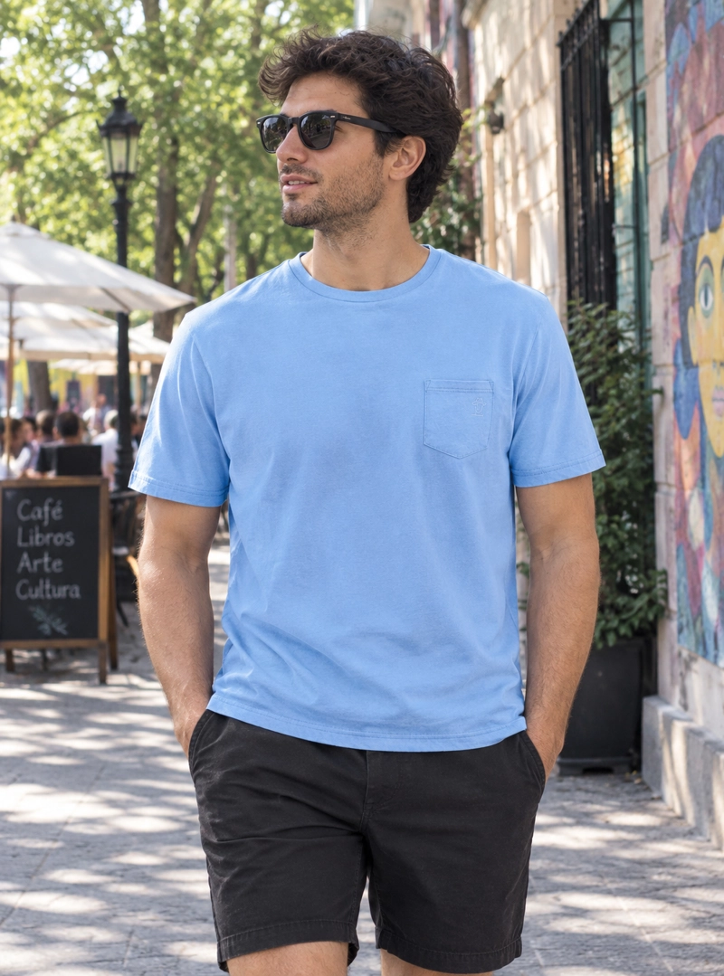 POLERA HOMBRE ALGODON MANGA CORTA PANAMA JACK - K858 | CELESTE - 1